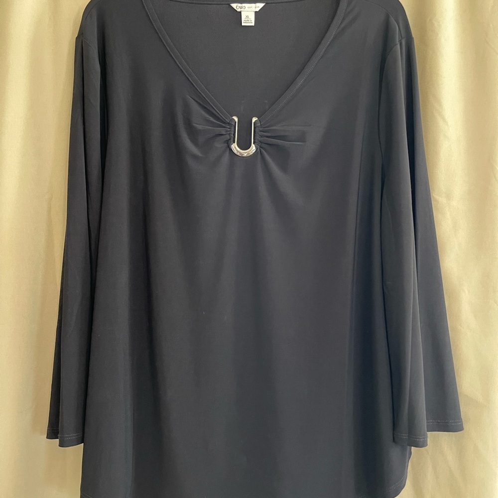 Cato Black V-Neck Blouse with Silver Accent XL